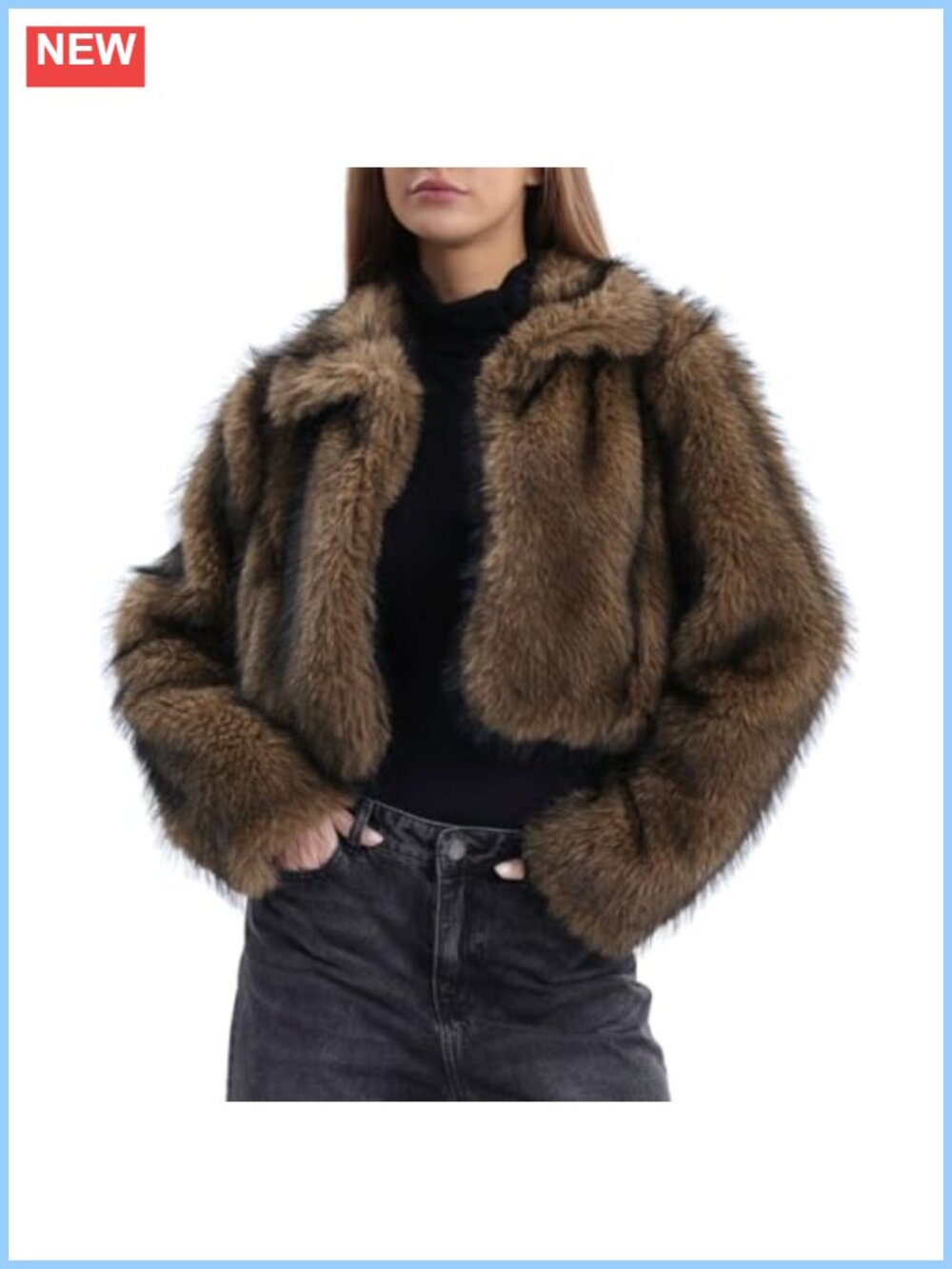 Faux Fur Cropped Open Front Long Sleeve Winter Coat with Pockets